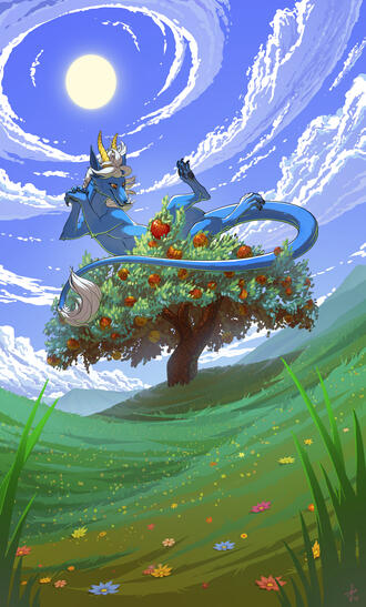 Cel Shaded scene Illustration with a wingless dragon floating above an apple tree and paying quite the attention to one of its apples