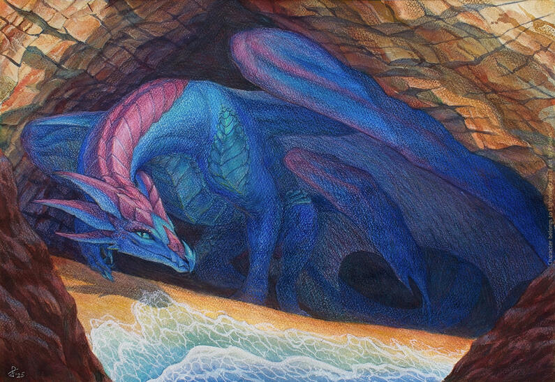 Traditional art illustration Bright blue dragon coming out of his cave to greet the sea and the the viewer