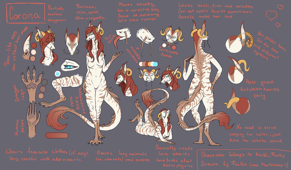 Detailed character sheet Character sheet showing an anthropomorphic dragoness with long hair and curved horns