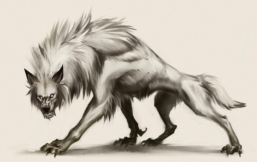 Full body sketch A monochromatic sketch of a wolf, full body, profile view