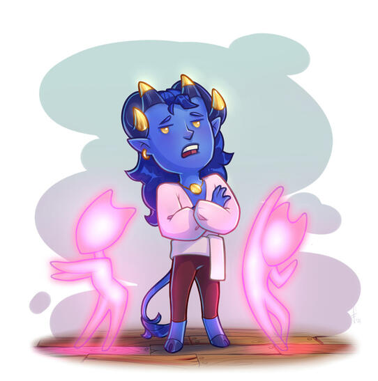 Chibi-like portrait (ghosts do not count) A heavily stylized cute annoyed tiefling surrounded by pink ghosts