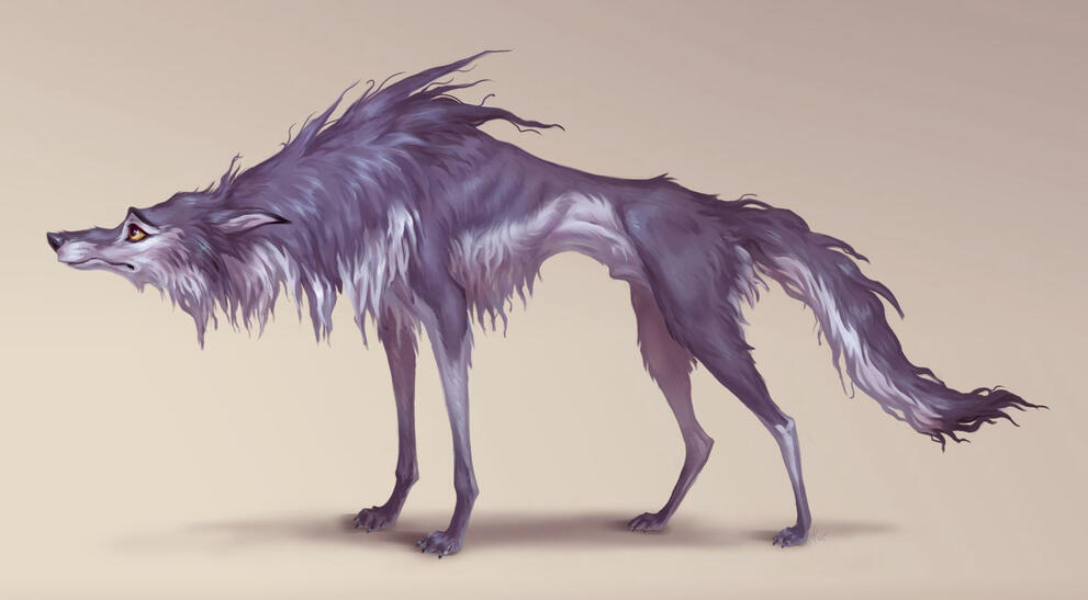 Full body character (painted) Picture of a very sad dog