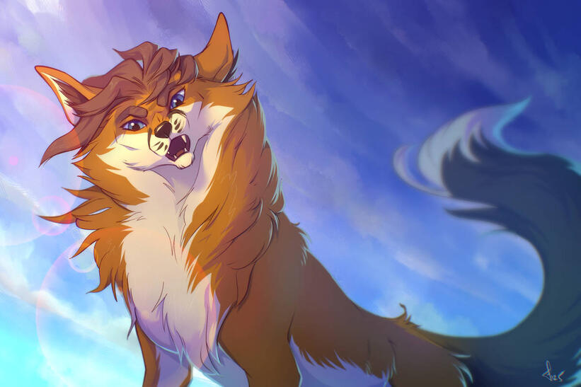 Half body with simple background A slightly grumpy fox with human-like hair, against blue skies