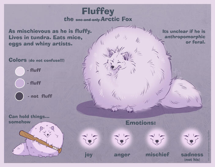 Simple Reference with 1 view and couple of details A character sheet showing a very spherical arctic fox with mischievous smile. The fox is my character Fluffey.