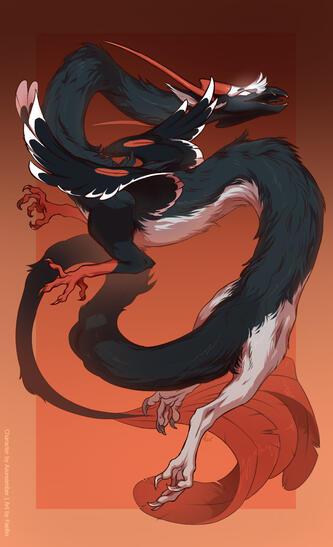 Full body character (stylized) Very long dragon with small wings floating in nothingness